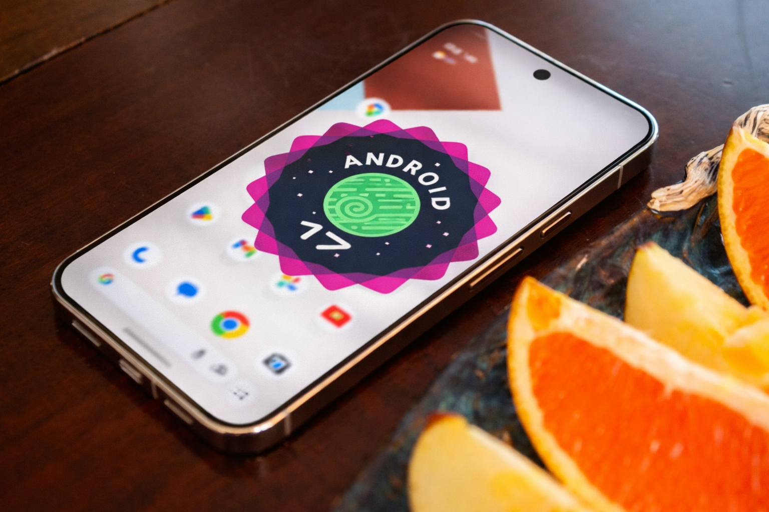 android 17 on smartphone with oranges