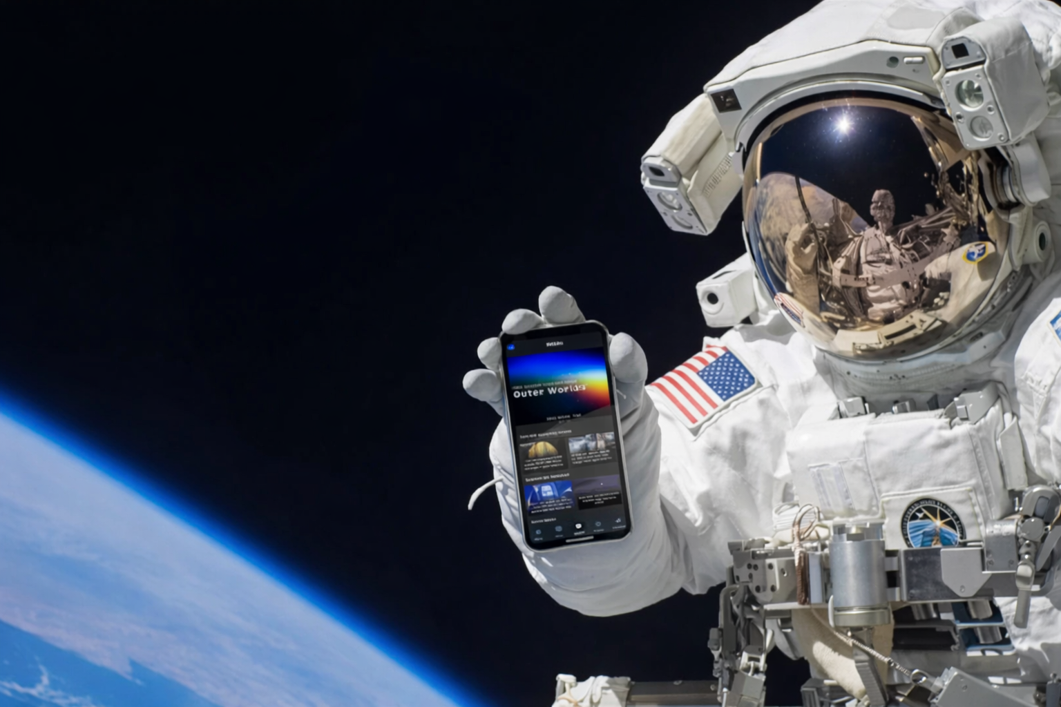 astronaut using smartphone in space