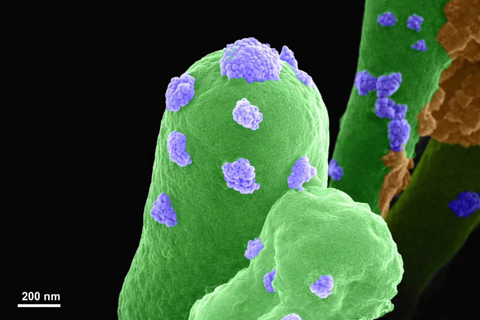 bacterial cells with purple clusters