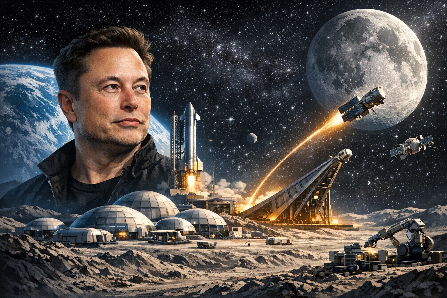 elon musk and lunar base in motion