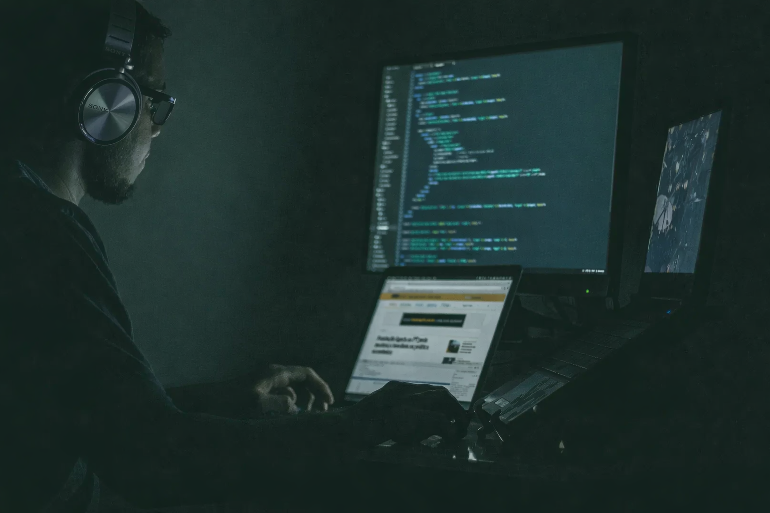 focused in the glow of screens