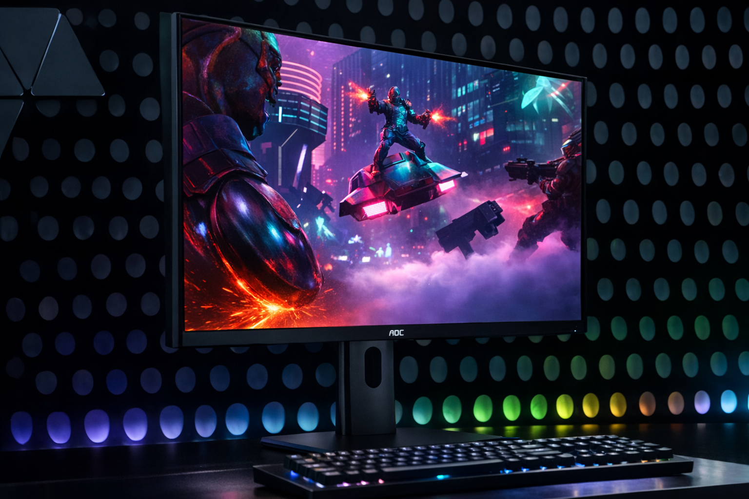 futuristic gaming setup with cyberpunk action