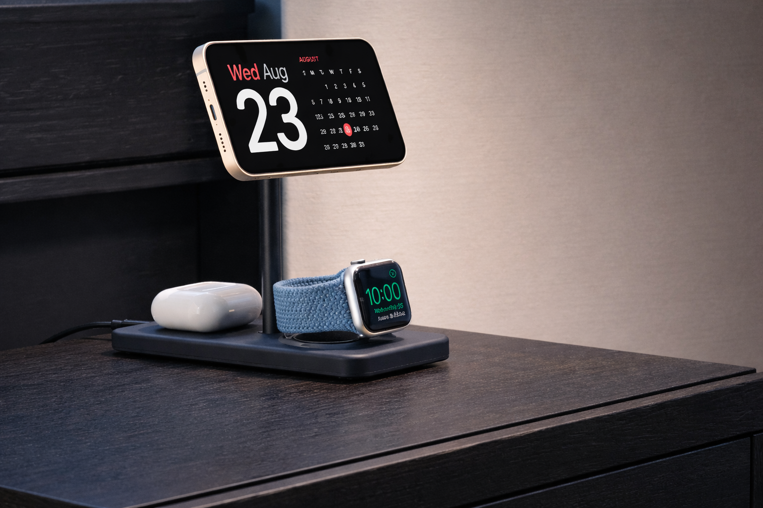 modern wireless charging setup on nightstand