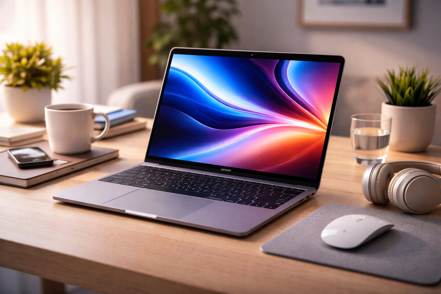 modern workstation with macbook air