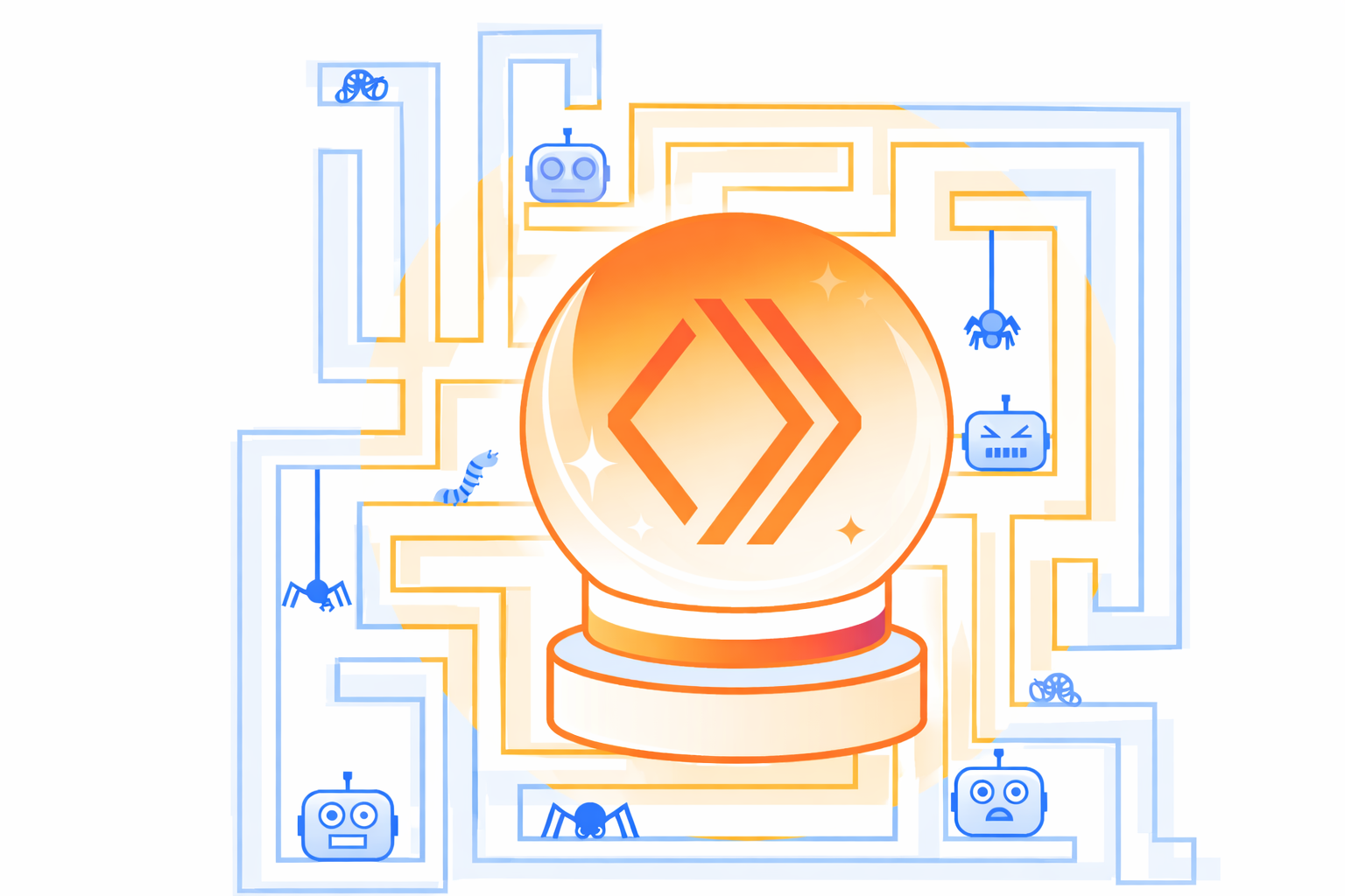 orange crystal ball with robotic maze