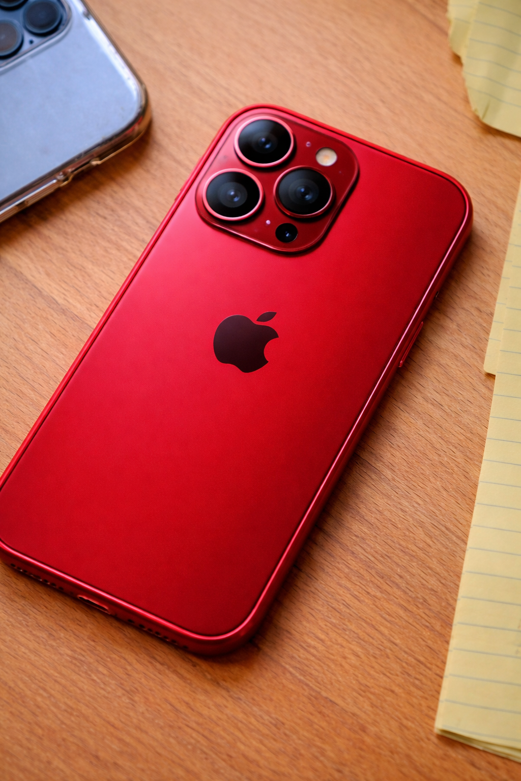 red iphone on wooden desk