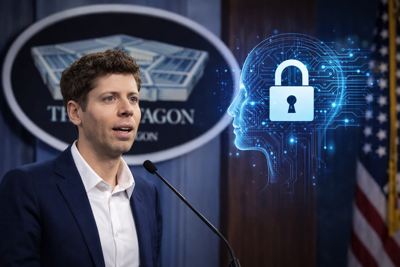 sam altman at pentagon with ai symbol