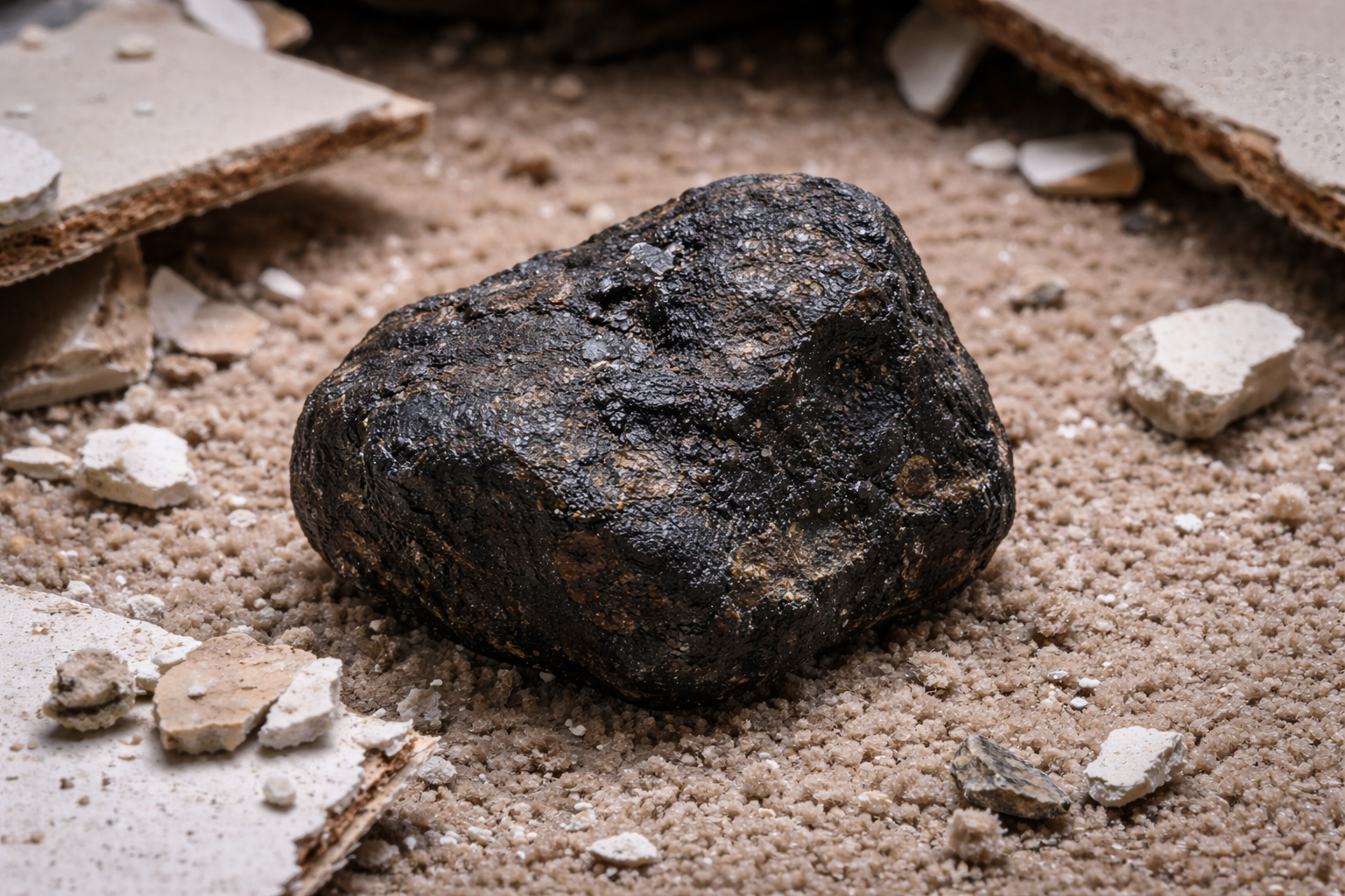 meteorite on carpet amidst drywall debris