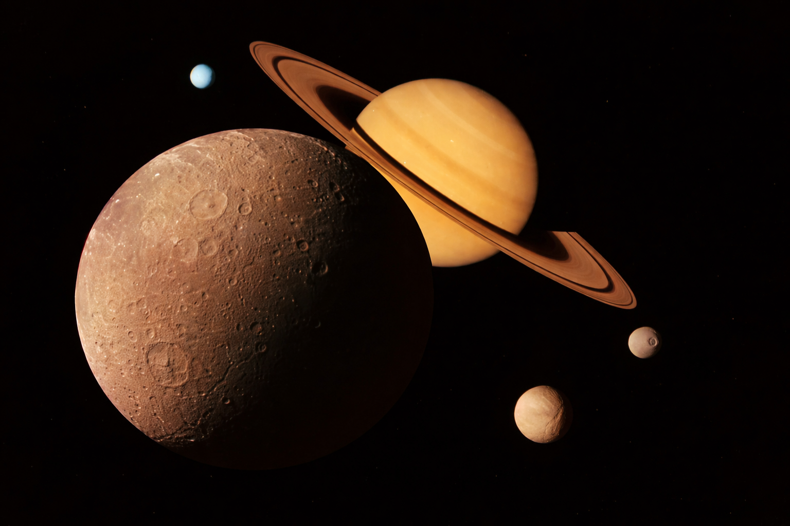 saturn and its moons in space