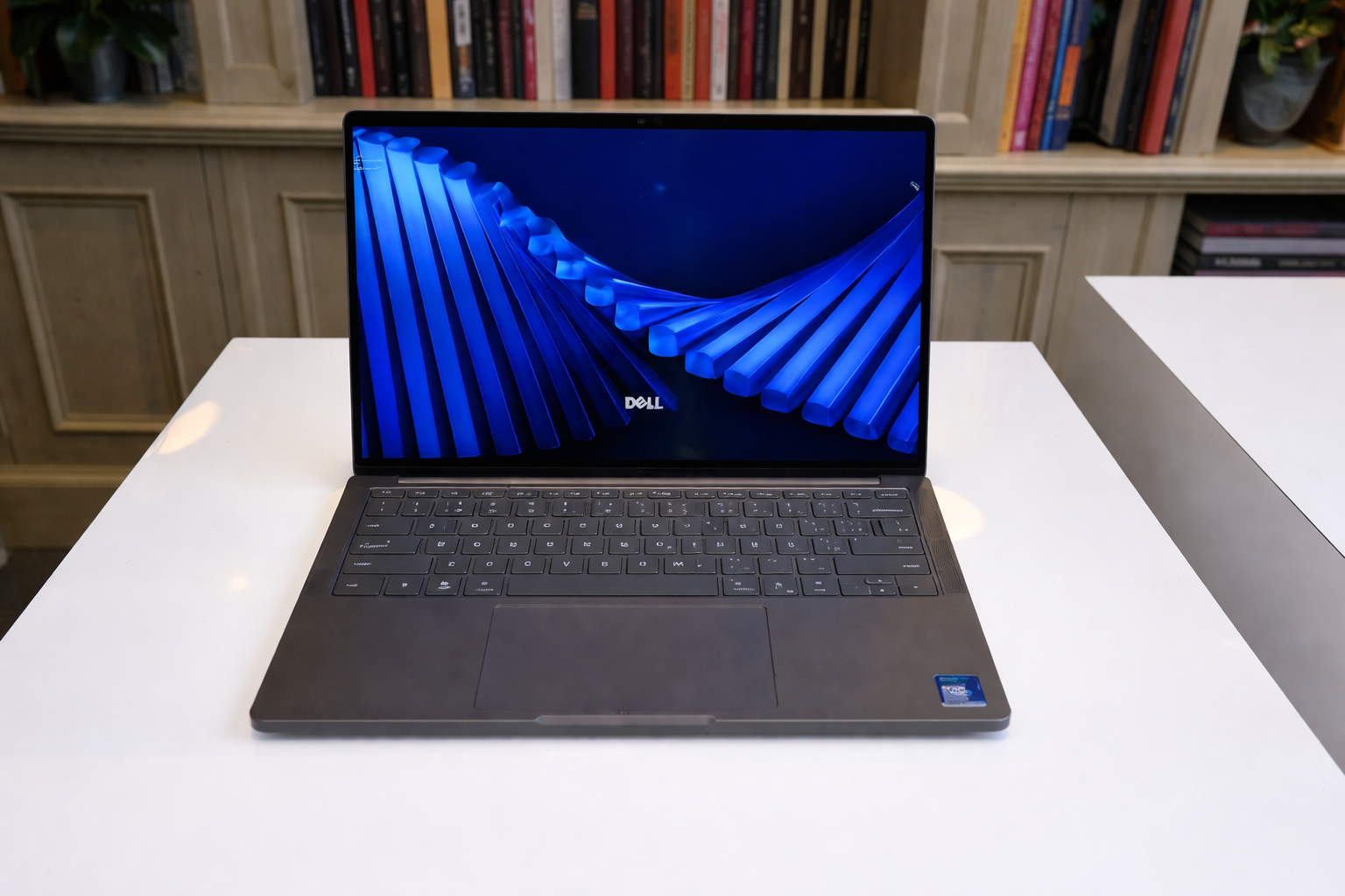 sleek dell laptop in a library setting