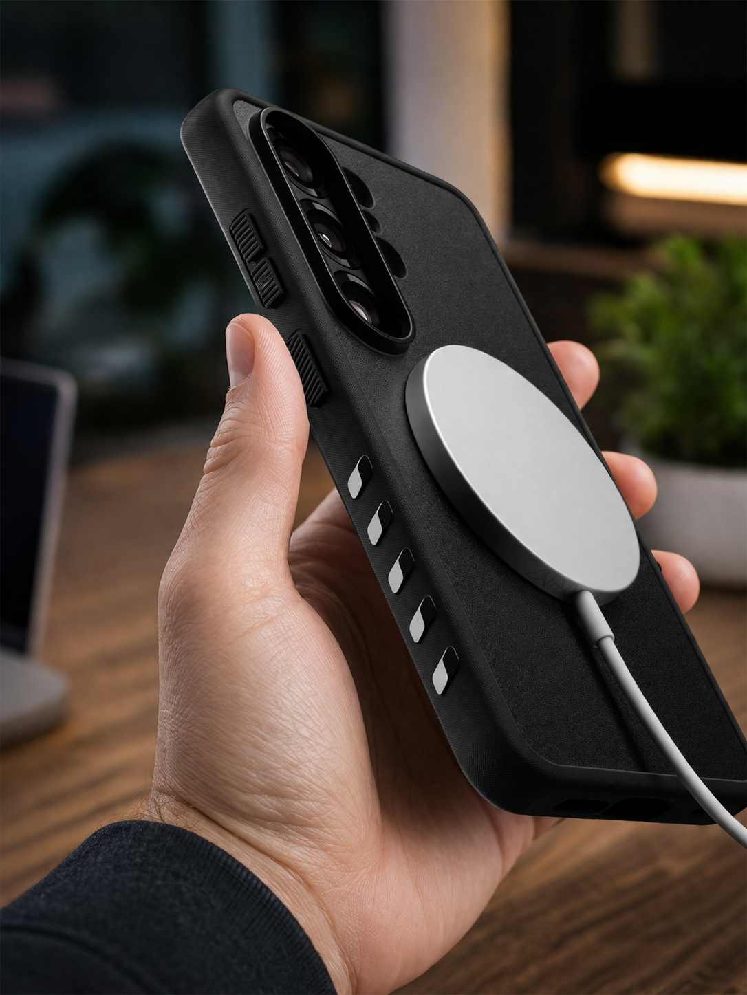 modern phone with charger and foliage